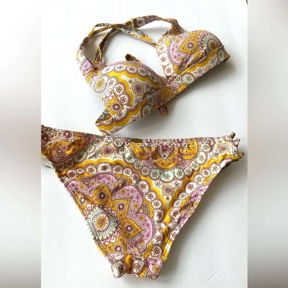 Luli Fama Yellow Alhambra 2 piece Bikini Molded Push Up Bandeau Halter Small